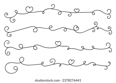 Filigree curly Calligraphic Heart, Fancy Line Flourishes Swirls hearts, curve romantic love separator, Valentines Day divider flourish Swirl, Calligraphy Flourish lettering header hearts scroll 