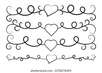 Filigree curly Calligraphic Heart, Fancy Line Flourishes Swirls hearts, curve romantic love separator, Valentines Day divider flourish Swirl, Calligraphy Flourish lettering header hearts scroll 