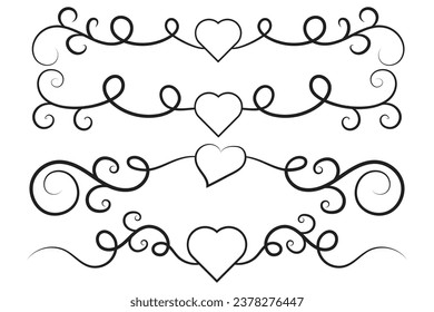 Filigree curly Calligraphic Heart, Fancy Line Flourishes Swirls hearts, curve romantic love separator, Valentines Day divider flourish Swirl, Calligraphy Flourish lettering header hearts scroll 