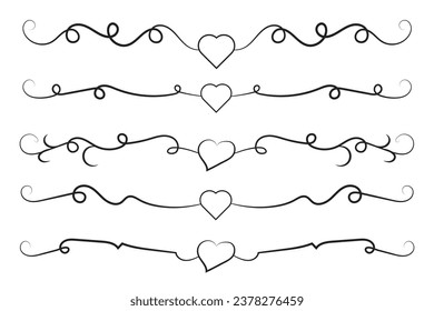 Filigree curly Calligraphic Heart, Fancy Line Flourishes Swirls hearts, curve romantic love separator, Valentines Day divider flourish Swirl, Calligraphy Flourish lettering header hearts scroll 