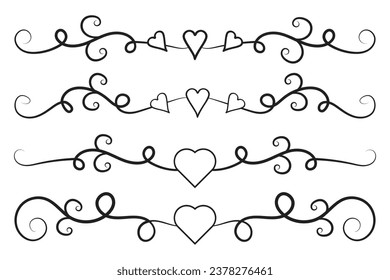 Filigree curly Calligraphic Heart, Fancy Line Flourishes Swirls hearts, curve romantic love separator, Valentines Day divider flourish Swirl, Calligraphy Flourish lettering header hearts scroll 