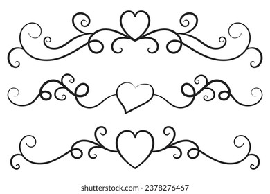 Filigree curly Calligraphic Heart, Fancy Line Flourishes Swirls hearts, curve romantic love separator, Valentines Day divider flourish Swirl, Calligraphy Flourish lettering header hearts scroll 