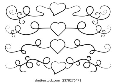 Filigree curly Calligraphic Heart, Fancy Line Flourishes Swirls hearts, curve romantic love separator, Valentines Day divider flourish Swirl, Calligraphy Flourish lettering header hearts scroll 