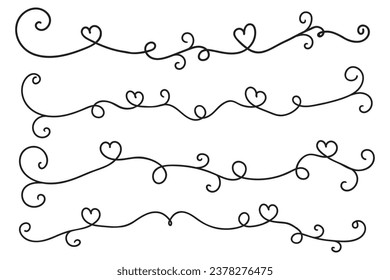 Filigree curly Calligraphic Heart, Fancy Line Flourishes Swirls hearts, curve romantic love separator, Valentines Day divider flourish Swirl, Calligraphy Flourish lettering header hearts scroll 