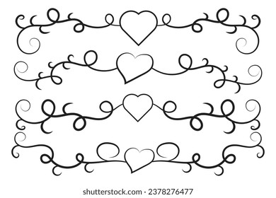 Filigree curly Calligraphic Heart, Fancy Line Flourishes Swirls hearts, curve romantic love separator, Valentines Day divider flourish Swirl, Calligraphy Flourish lettering header hearts scroll 