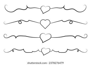 Filigree curly Calligraphic Heart, Fancy Line Flourishes Swirls hearts, curve romantic love separator, Valentines Day divider flourish Swirl, Calligraphy Flourish lettering header hearts scroll 