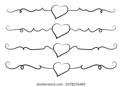 Filigree curly Calligraphic Heart, Fancy Line Flourishes Swirls hearts, curve romantic love separator, Valentines Day divider flourish Swirl, Calligraphy Flourish lettering header hearts scroll 