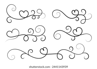 Filigree curly Calligraphic Heart, Fancy Line Flourishes Swirls hearts, curve romantic love sign, Valentines Day divider flourish Swirl, Calligraphy Flourish lettering header hearts scroll vector


