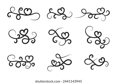 Filigree curly Calligraphic Heart, Fancy Line Flourishes Swirls hearts, curve romantic love sign, Valentines Day divider flourish Swirl, Calligraphy Flourish lettering header hearts scroll vector


