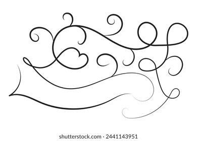 Filigree curly Calligraphic Heart, Fancy Line Flourishes Swirls hearts, curve romantic love sign, Valentines Day divider flourish Swirl, Calligraphy Flourish lettering header hearts scroll vector


