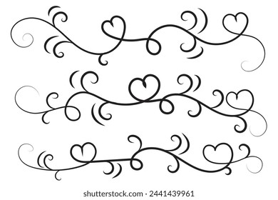 Filigree curly Calligraphic Heart, Fancy Line Flourishes Swirls hearts, curve romantic love sign, Valentines Day divider flourish Swirl, Calligraphy Flourish lettering header hearts scroll vector