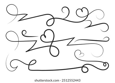 
Filigree curly Calligraphic Heart, Fancy Line hearts Flourishes Swirls, curve romantic love separator, Valentines Day divider flourish Swirl, Calligraphy Flourish lettering header hearts scroll