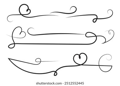 
Corazón caligráfico rizado de filigrana, Corazones de línea de fantasía Florece Remolinos, separador de amor romántico de curva, Día de San Valentín divisor florecer Remolino, Caligrafía Florecer letras de cabecera corazones scroll