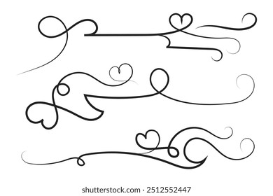 
Corazón caligráfico rizado de filigrana, Corazones de línea de fantasía Florece Remolinos, separador de amor romántico de curva, Día de San Valentín divisor florecer Remolino, Caligrafía Florecer letras de cabecera corazones scroll