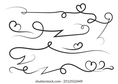 
Filigree curly Calligraphic Heart, Fancy Line hearts Flourishes Swirls, curve romantic love separator, Valentines Day divider flourish Swirl, Calligraphy Flourish lettering header hearts scroll