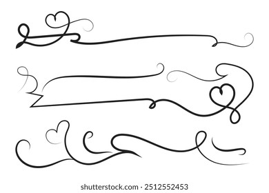 
Corazón caligráfico rizado de filigrana, Corazones de línea de fantasía Florece Remolinos, separador de amor romántico de curva, Día de San Valentín divisor florecer Remolino, Caligrafía Florecer letras de cabecera corazones scroll