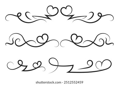 
Corazón caligráfico rizado de filigrana, Corazones de línea de fantasía Florece Remolinos, separador de amor romántico de curva, Día de San Valentín divisor florecer Remolino, Caligrafía Florecer letras de cabecera corazones scroll