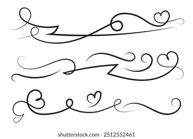 
Filigree curly Calligraphic Heart, Fancy Line hearts Flourishes Swirls, curve romantic love separator, Valentines Day divider flourish Swirl, Calligraphy Flourish lettering header hearts scroll