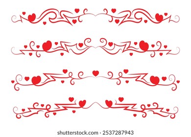 
Corazón caligráfico rizado de filigrana, Línea de lujo florece Corazones de remolinos, separador de amor romántico de curva, Día de San Valentín divisor florecer, Caligrafía Florecer encabezado de letras borde de corazones rojos