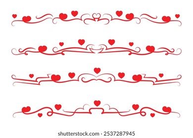 
Corazón caligráfico rizado de filigrana, Línea de lujo florece Corazones de remolinos, separador de amor romántico de curva, Día de San Valentín divisor florecer, Caligrafía Florecer encabezado de letras borde de corazones rojos