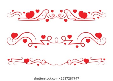 
Corazón caligráfico rizado de filigrana, Línea de lujo florece Corazones de remolinos, separador de amor romántico de curva, Día de San Valentín divisor florecer, Caligrafía Florecer encabezado de letras borde de corazones rojos