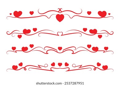 
Corazón caligráfico rizado de filigrana, Línea de lujo florece Corazones de remolinos, separador de amor romántico de curva, Día de San Valentín divisor florecer, Caligrafía Florecer encabezado de letras borde de corazones rojos