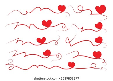 Corazón caligráfico rizado de filigrana, Línea de lujo florece Corazones de remolinos, separador de amor romántico de curva, Día de San Valentín divisor florecer, Caligrafía Florecer encabezado de letras borde de corazones rojos




