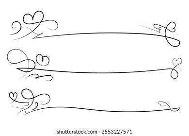 Corazón caligráfico rizado de filigrana, línea de lujo de corazones divisor y línea separadora Remolinos, curva de amor romántico adornado, Día de San Valentín florecer Remolino, letras de caligrafía líneas delgadas corazones scroll 