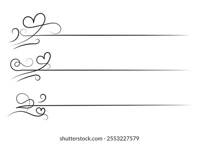 Filigree curly Calligraphic Heart, Fancy Line hearts divider and separator line Swirls, curve romantic love ornate, Valentines Day flourish Swirl, Calligraphy lettering thin lines hearts scroll 