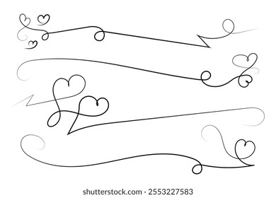 Corazón caligráfico rizado de filigrana, línea de lujo de corazones divisor y línea separadora Remolinos, curva de amor romántico adornado, Día de San Valentín florecer Remolino, letras de caligrafía líneas delgadas corazones scroll 