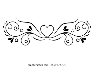 
Filigree curly Calligraphic line art Heart, Fancy Line Flourishes Swirls hearts, curve romantic doodle love separator, Valentines Day divider flourish Swirl, lettering header hearts scroll