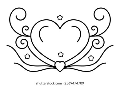 
Filigree curly Calligraphic line art Heart, Fancy Line Flourishes Swirls hearts, curve romantic doodle love separator, Valentines Day divider flourish Swirl, lettering header hearts scroll