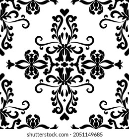 Filigree Damask Seamless Pattern. Black and White. Decorative texture. Mehndi patterns. For fabric, wallpaper, venetian pattern,textile, packaging.	