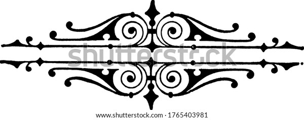 Filigree divider with fancy swirls,\
repeated designs, and floral decorations on horizontal frame,\
vintage line drawing or engraving\
illustration.