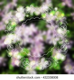 Filigree doodle sketch ornaments, frame on blurred background for greeting card, poster.