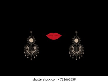 filigree earrings, handcrafted jewelry, women's jewelery with red lips, isolated or black background 