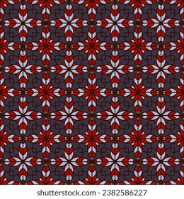 Filigree floral geometry seamless vector tile pattern. Symmetrical geometric patchwork sample ornament. Abstract flower repeating tiling fabric print. Wrap bright colorful ethnic arabic ornament