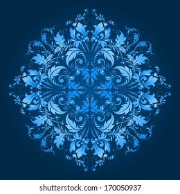 Filigree floral pattern on a blue background.