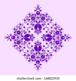 Filigree floral pattern on a lilac background.