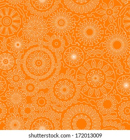 Filigree floral seamless pattern in orange and white, vector