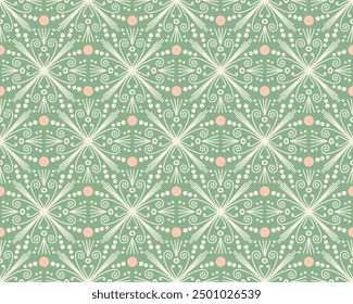 Filigree geometric vintage beige white Christmas stars with peach pink Xmas balls on retro dark sage green
