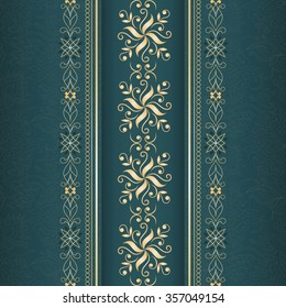 Filigree golden border on green. Ornate element for design and place for text. Ornamental golden lace pattern for invitations and greeting cards. Traditional floral decor.