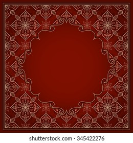 Filigree golden curly frame on lace background. Baroque ornate element and place for text. Golden ornamental pattern and traditional decor.