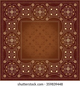 Filigree golden frame on brown. Ornate element for design and place for text. Ornamental pattern for invitations and greeting cards. Traditional floral decor.
