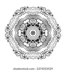 Filigree hand drawn mandala for coloring book, line art ornament, psychedelic illustration, black line art on white background