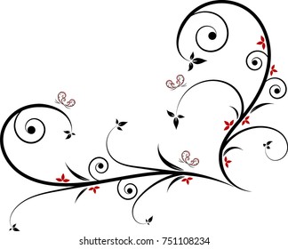 Filigree Heart Shape Design Accessorized with Leaves, Spirals, Red Flowers and Butterflies. Vector Illustration.