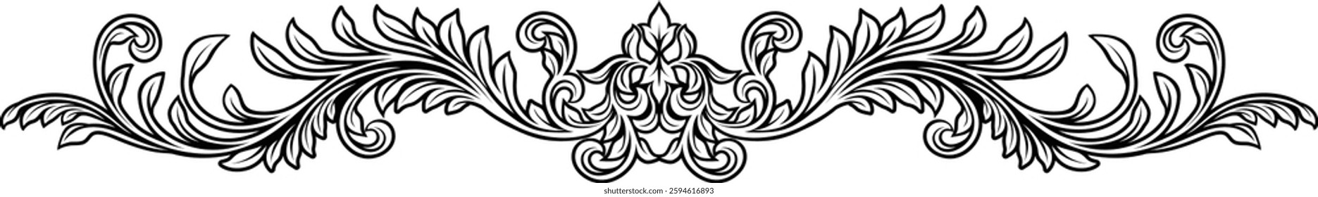 A filigree heraldic crest calligraphic motif, floral pattern horizontal divider design element. Original design in a vintage style.
