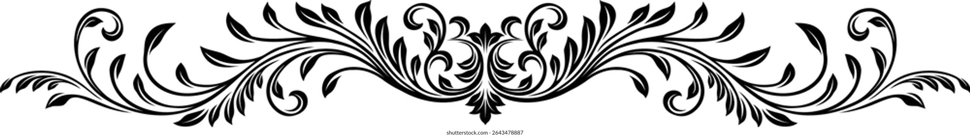 A filigree heraldic crest calligraphic motif, floral pattern horizontal divider design element. Original design in a vintage style.
