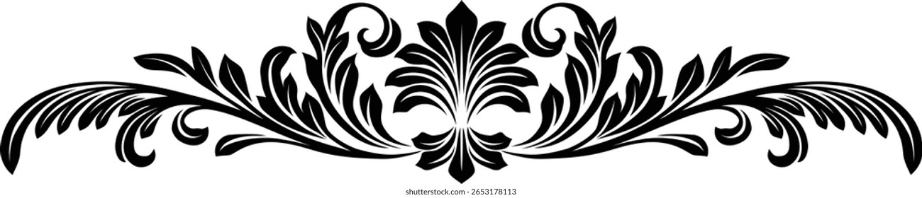 Um motivo caligráfico de crista heráldica filigree, padrão floral divisor horizontal elemento de design. Design original em um estilo vintage.
