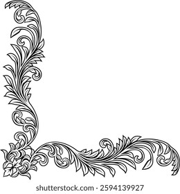 A filigree heraldic crest motif floral pattern corner border frame design element. Original design in a vintage style.